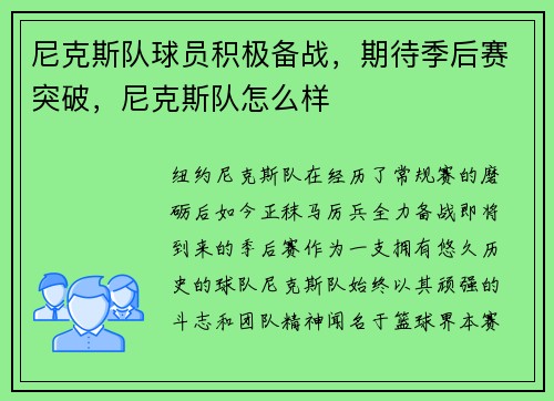 尼克斯队球员积极备战，期待季后赛突破，尼克斯队怎么样