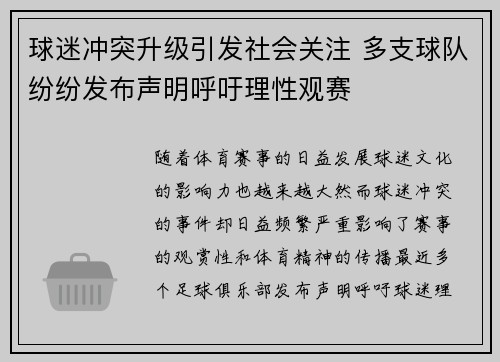球迷冲突升级引发社会关注 多支球队纷纷发布声明呼吁理性观赛