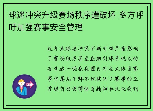 球迷冲突升级赛场秩序遭破坏 多方呼吁加强赛事安全管理