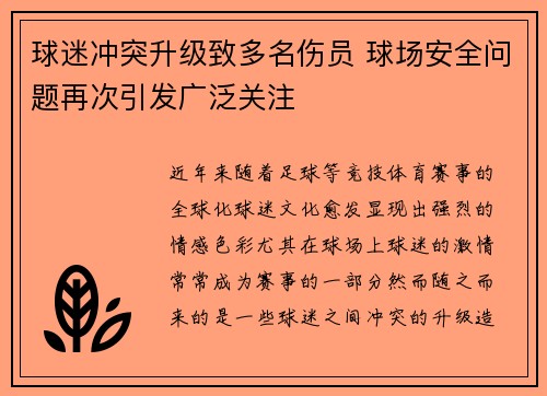 球迷冲突升级致多名伤员 球场安全问题再次引发广泛关注